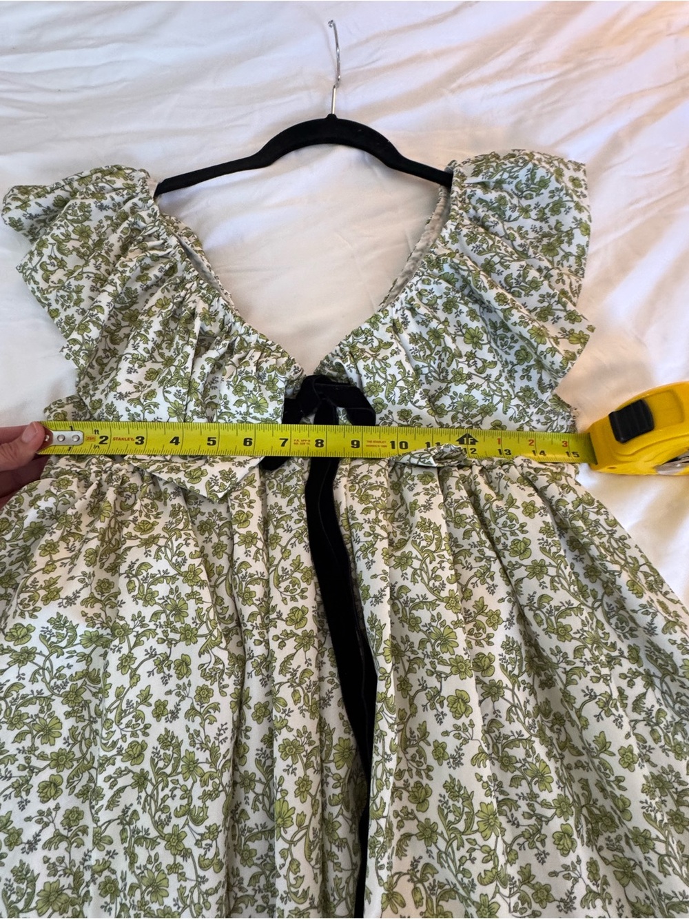 Olive Green Floral Ruffle Mini Dress with Front Tie - Picture 11 of 14
